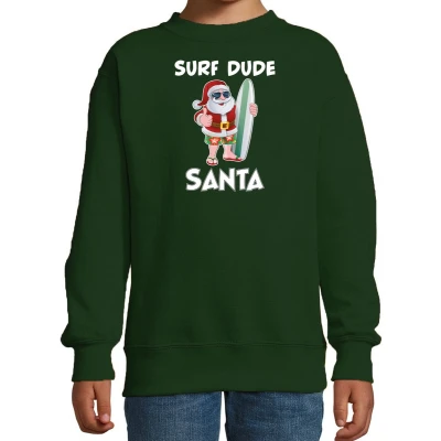 Afbeelding van Surf dude Santa fun Kerstsweater / Kerst trui groen voor kinderen Kerstkleding Christmas outfit 152/164