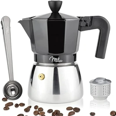 Afbeelding van Milu Espressomachine, geschikt voor inductie, 3, 6, 9 kopjes, aluminium mokkakan, roestvrijstalen espressokan, espresso maker set incl. lepel, borstel (zwart, 3 kopjes (150ml)