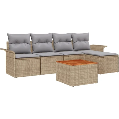 Afbeelding van vidaXL 6 Delige Tuin Sofaset met Kussens Beige Poly Rattan Acacia, 2 Zits Sofa Opslag &amp;