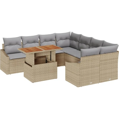 Afbeelding van vidaXL 9 delige tuin eettafelset met kussens beige poly rattan acacia