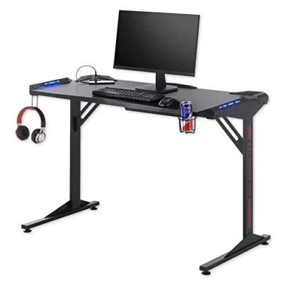 Afbeelding van Stella Trading BC 3110 Gamingtafel in zwart, carbon look, gamingbureau met ledverlichting, USB poorten en bekerhouder, 119 x 78 60 cm (b h d)
