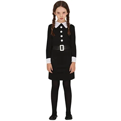 Afbeelding van Fiestas Guirca Thursday jurkje met riem 3 4 jaar Wednesday Addams kostuum jurk Halloween voor kinderen meisjes