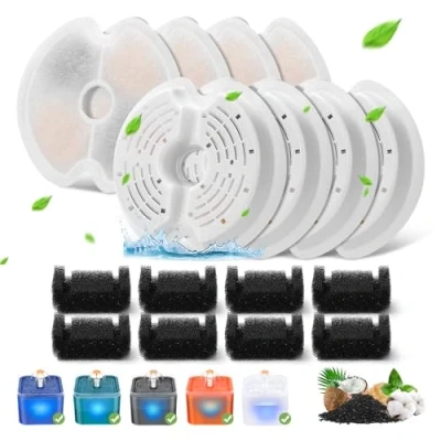 Afbeelding van 8 stuks kattenfonteinfilters voor ultrastille kattenfontein 67oz/2L met LED nachtlampje, drievoudig filtratiesysteem Geactiveerd Koolstoffilter voorfiltersponzen waterfontein huisdieren