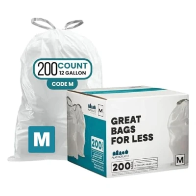 Afbeelding van Plasticplace Custom Fit Trash Bags Compatible with Simplehuman Code M 12 Gallon Drawstring Garbage 200 Count Tear Resistant Can Liners for Kitchen and Office 1.2 Mil White 21&quot; x 30.5&quot;