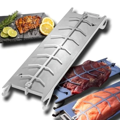 Afbeelding van FENNEK Roestvrij stalen zalmhouder voor vuurschalen en kogelbarbecues, met speciaal spanmechanisme, geen schroeven nodig, 180 graden draaibaar, perfect alternatief zalmplank, made in Germany