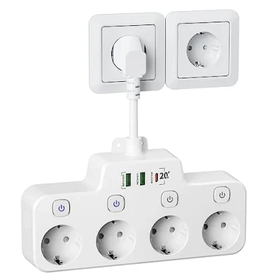 Afbeelding van Stekkerdoos met USB C(PD 20W), 4 voudige Stekkerdoosstrook Schakelaar, Kindveilige Schakelbare Stopcontacten aan/uit Indicatie en Overspanningsbeveiliging, 10cm Kabel, Wit