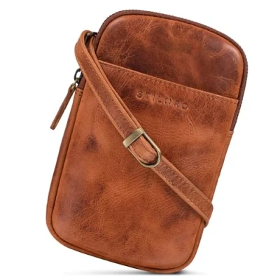 Afbeelding van STILORD &#039;Loki&#039; Crossbody Borsttas Leer Vintage Telefoontas Lederen Schoudertas voor Dames Heren Klein Nektasje Sling Bag XS Handtas Echt Leer, Kleur:kara cognac