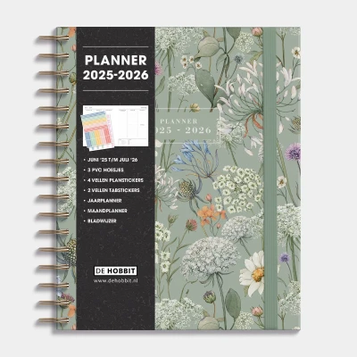 Afbeelding van Hobbit Luxe Weekplanner 2025 2026 1 week op 2 pagina&#039;s Harde Kaft Ringband Planner A5+ (23 x 18,5 cm) Weidebloemen