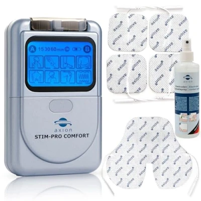 Afbeelding van axion TENS apparaat STIM Pro Comfort Aanbieding met contactspray &amp; speciale nek elektrode 4 x elektrodenpads 5 cm pijntherapie op nek, rug en gewrichten gecertificeerd medisch hulpmiddel