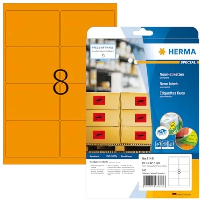 Afbeelding van HERMA 5145 neon etiketten A4 (99,1 x 67,7 mm, 20 vellen, papier, mat) zelfklevend, bedrukbaar, permanent klevende gekleurde etiketten, 160 voor printer, oranje