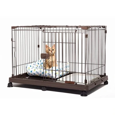 Afbeelding van Iris Ohyama, Kinderbox, Huisdierkooi met 2 in 1 deur, Veilig sluitsysteem, wielen en rolstop dak, L93 x D63 H64.5 cm, BPA vrij, Voor Katten, STS 600TY, Bruin