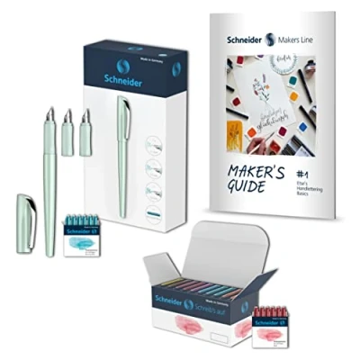Afbeelding van Schneider 399457 Callissima kalligrafieset mint (vulpen met 3 veerbreedtes, 66 pastel patronen, handbelettering gids), 70 delige set