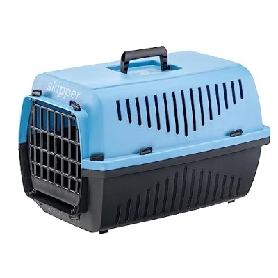Afbeelding van Ferplast Bench SKIPPER 1, voor Kleine Honden en Katten max. 5 kg, Hondenreisbench, Kattenreismand, 48 x 32 h 31 cm, van Kunststof met Inklapbare Handgreep, Blauw