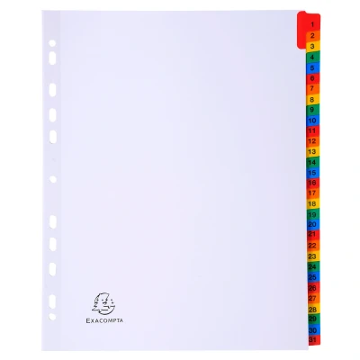 Afbeelding van Exacompta ref. 4131E Wit kartonnen tabbladen 160g/m2 FSC® met 31 numerieke gedrukte tabs van 1 tot in kleur Afdrukbare indexpagina Formaat A4 Maxi