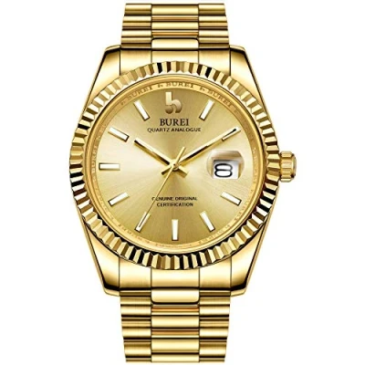Afbeelding van BUREI heren quartz horloge moderne analoge wijzerplaat met datumvenster Saffierkristallen lens Roestvrij stalen kast en band (helemaal goud)