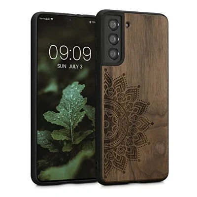 Afbeelding van kwmobile telefoonhoesje geschikt voorSamsung Galaxy S21 Hoesje met bumper walnoothout In donkerbruin Opkomende Zon design