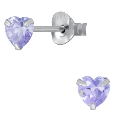 Afbeelding van JoyS Zilveren hartje oorbellen 4 mm kinderoorbellen kristal lavendel/ lila paars