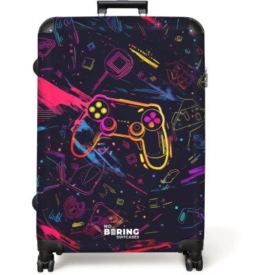 Afbeelding van NoBoringSuitcases.com® Koffer groot Reiskoffer lichtgewicht Gamerwereld in neonstijl Rolkoffer met 4 wielen Grote trolley XL 98 liter bagage