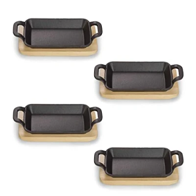 Afbeelding van Echtwerk Serveerschaal van gietijzer, serveerschaaltje, mini ovenschaal met serveerplank, kleine grillpan, al ingebrand, geschikt voor oven, grill en barbecue, ideaal het serveren, 4 delig
