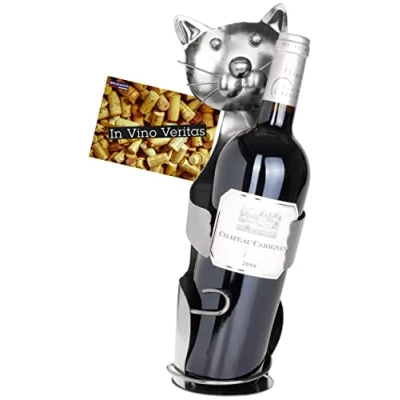 Afbeelding van BRUBAKER Witte flessenhouder kat metalen sculptuur flessenstandaard omarmend katje figuur wit cadeau voor kattenliefhebbers met wenskaart