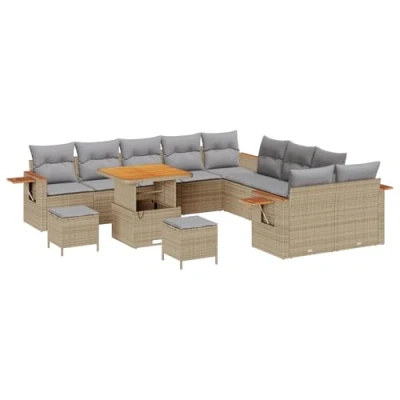 Afbeelding van vidaXL 13 Delige Tuin Sofa Set met Kussens Beige Poly Rattan Acacia, 3 Eettafel Acacia