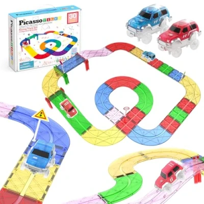Afbeelding van PicassoTiles 30 delige racewagenbaan Bouwsteen Educatief speelgoedset Magnetische tegels Magneet DIY speelset 2 raceauto Vrachtwagens Speelgoed STEM Leren bouwset Hand oogcoördinatie Fijne motoriek