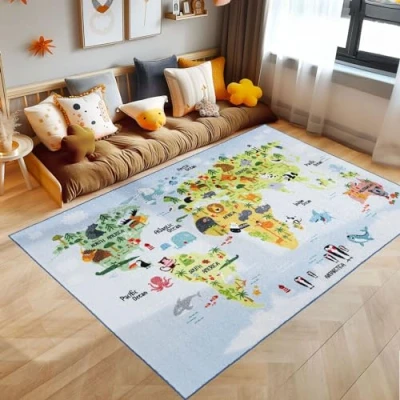 Afbeelding van Kindertapijten, Wereldkaart met dierenmotief, Vloerkleed Blauw, 100 x 150 cm, Tapijten voor kinderen, kinderkamer