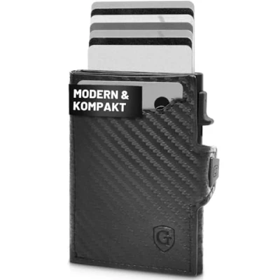 Afbeelding van GenTo Smartlet Push Portemonnee met muntenvak, metalen hoes, slim wallet, TÜV geteste RFID NFC bescherming, kleine portemonnee, dunne smalle kaarthouder, carbon, Münzfach S + Front Fach, Modern