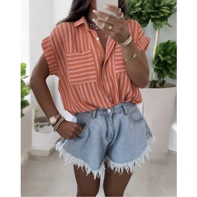 Afbeelding van Tetra blouse, gestreept, roze, oranje, maat M