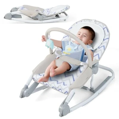 Afbeelding van COSTWAY 2 in 1 babywip, inklapbaar, draagbare babyschommel met 3 traps verstelbare rugleuning en afneembare speelboog, babywip veiligheidsgordel, babywieg tot 9 kg belastbaar (grijs + wit)