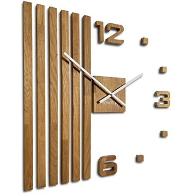 Afbeelding van 3D wandklokken doe het zelf hout eiken lamellen grote wandklok 60 cm modern design eco muursticker decoratie decoratief artikel kwartsklok (witte wijzers)