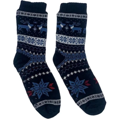 Afbeelding van Merino Wollen sokken Heren Donkerblauw met Rendier Maat 39/42 Huissokken Anti slip Warme Winter