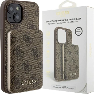 Afbeelding van Guess 4G Metal Logo hoesjeset voor iPhone 15 + 5000mAh MagSafe powerbank bruin