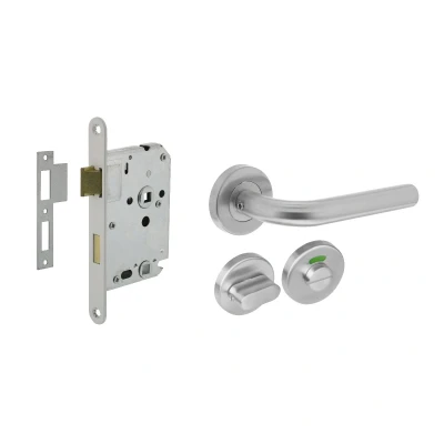 Afbeelding van Deurbeslag set wc slot 63/8mm wit + deurklink Recht RVS sluiting