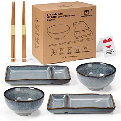 Afbeelding van Sushi Servies Set &quot;Misaki&quot; Grijsblauw voor 2 Personen, Japans Miso Soep Maki Rijst, bestaande uit Borden, Schalen van Keramiek, Paar Stokjes