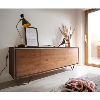 Afbeelding van Dressoir Stonegrace acacia bruin steenfineer 200 cm 4 deuren V poot zwart