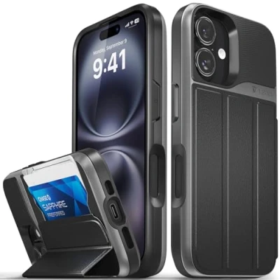 Afbeelding van VENA vCommute voor iPhone 16 Wallet Case, [Militaire Grade Drop Protection] Flip Lederen Cover Slot Kaarthouder met Standaard Zwart