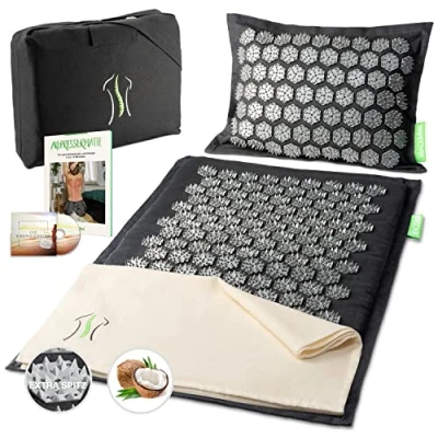 Afbeelding van BACKLAXX ® Acupressuurmat met kussen, doek en tas voor gevorderden, acupunctuurmat stekels massage ontspanning van nek schouders, massagemat rug acupressuur
