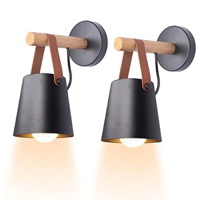Afbeelding van iDEGU 2 stuks retro wandlampen, hanglamp van metaal en hout, E27, binnenwandverlichting, vintage wandlamp voor slaapkamer woonkamer (zwart)