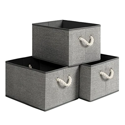 Afbeelding van Opbergdozen, set van 3, stoffen dozen zonder deksel, met handgrepen, 40 x 30 25 cm, linnen look, grijs
