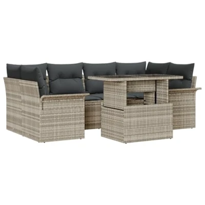 Afbeelding van vidaXL 7 delige tuinbank set met kussens lichtgrijs poly rattan, 2 zits opslag en rattan