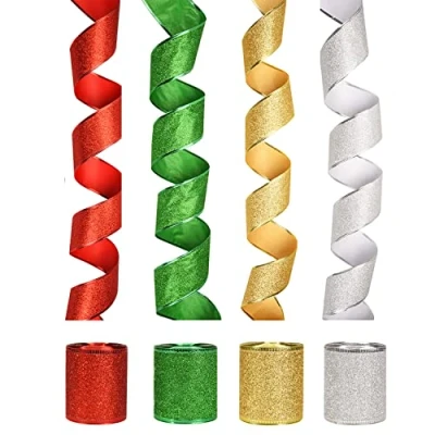 Afbeelding van NAUZE 4 rollen 2,5 inch brede kerst bedrade rand glitter lint vonken glanzende linten roll DIY ambachtelijke krans bogen cadeau verpakking lint, goud zilver rood groen