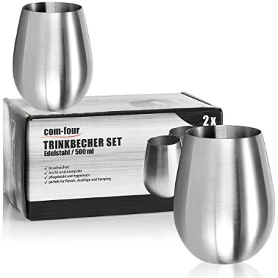 Afbeelding van COM FOUR® 2x Roestvrijstalen wijnglas wijnbeker 500 ml voor onderweg To Go beker Traploze Reisbeker BPAvrij 2 stuks mat