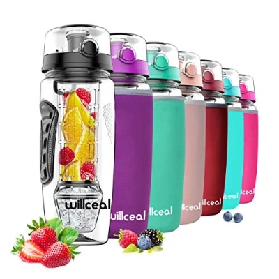 Afbeelding van Willceal Waterfles met fruit infuser, 945 ml, duurzaam afneembare ijsgelbal, groot, BPA vrij Tritan, flip deksel, dicht ontwerp, sport en camping (zwart)
