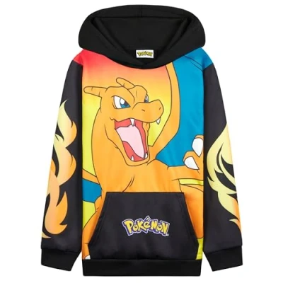 Afbeelding van Pokémon sweatshirt met capuchon voor kinderen, comfortabel kangoeroezak, zwart/oranje charizard, 11 12 jaar