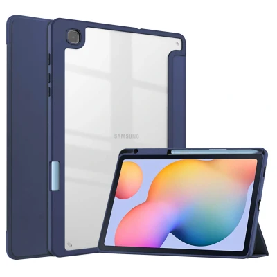 Afbeelding van Samsung Galaxy Tab S6 Lite Hoes: iMoshion Trifold Hardcase Bookcase Shockproof/Valbescherming Bookcase,Hardcase Donkerblauw Kunststof Tablet