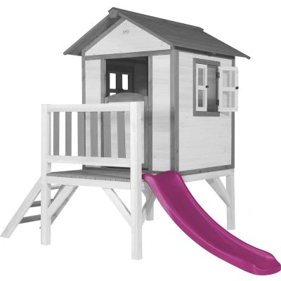 Afbeelding van AXI Speelhuis Beach Lodge XL Wit met paarse glijbaan op palen veranda gemaakt van FSC hout