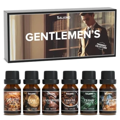 Afbeelding van SALKING Set etherische oliën voor mannen, aromatherapie geurolie, cadeauset, 100% pure geuroliën diffuser, geurlampen, luchtbevochtiger, 6 x 10 ml (teakhout, koffie, sandelhout, cederhout,
