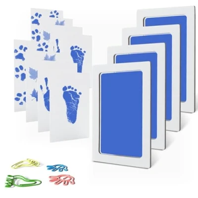 Afbeelding van TECKI Set Babyhandafdrukken en Voetafdrukken 4x Blauwe Inktkussentjes + 8x Witte Papieren Paperclips, Geboorte Cadeau, Kattenpootafdrukken, Hondenpootafdrukken, Prachtig Souvenir