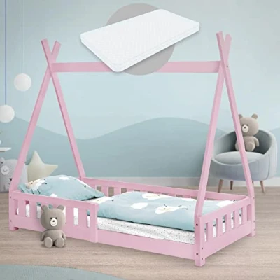 Afbeelding van Kinderbed met uitvalbeveiliging en lattenbodem 80x160 cm Roze grenenhout ML Design